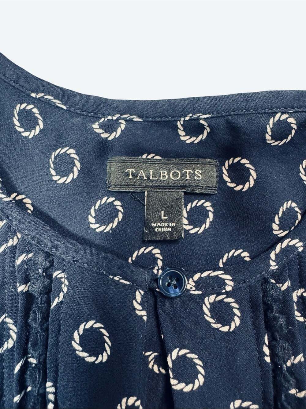 Talbots 100% Silk Navy and White Geometric Print 3/4 Sleeve Blouse Size L - Picture 7 of 8